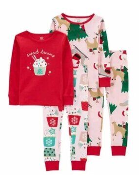 NEW Carter's 4 Piece Cotton Snug Fit Christmas Santa Claus Reindeer Pajamas Pjs